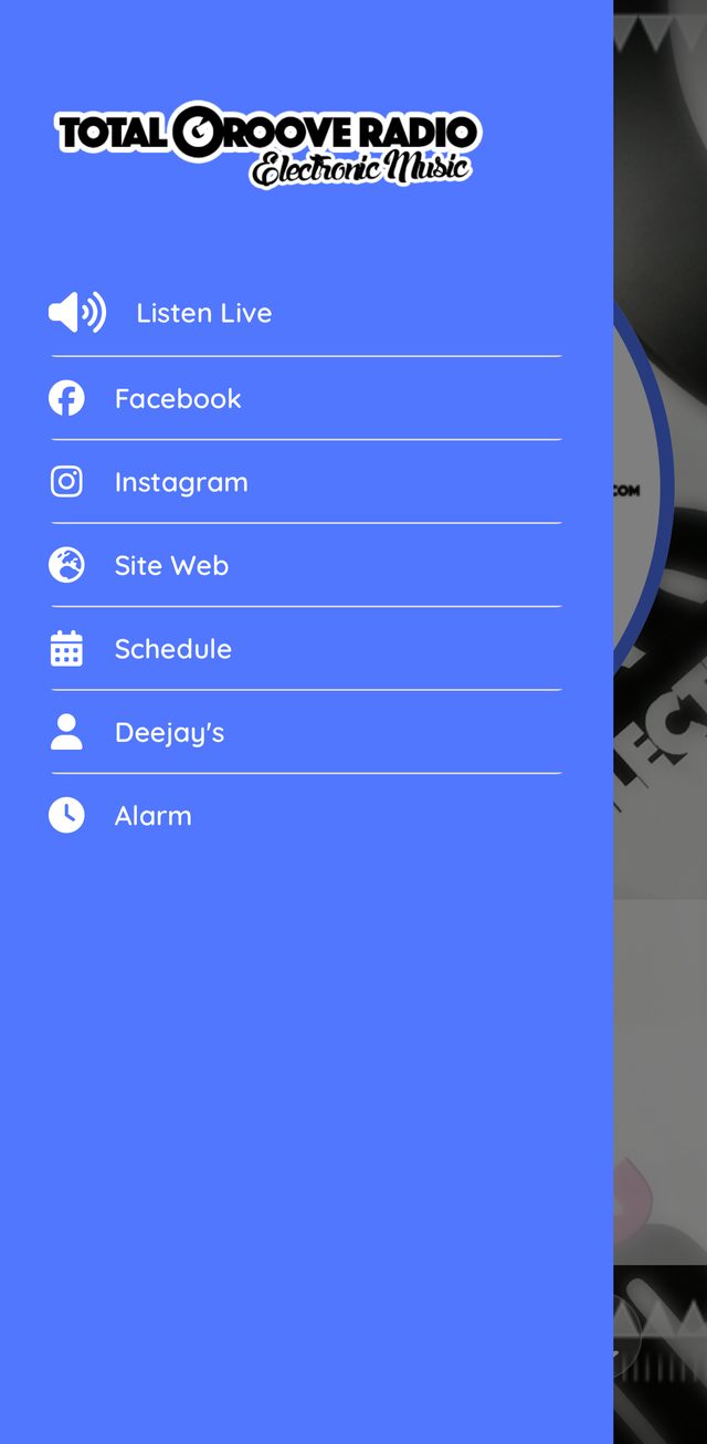 Total Groove Radio app: menu with schedule, deejays and alarm